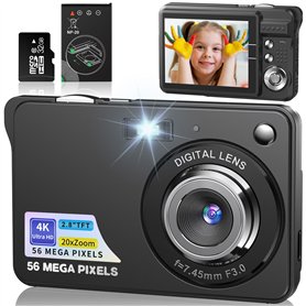 Appareil Photo Numérique 56MP 4K Compact Caméra Zoom Numérique 20X Digital Camera avec Carte de 32 Go pour Étudiant Adulte Début