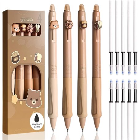 cuhostki Lot de 4 stylos à encre gel effaçables - Stylo roller à encre gel effaçable - Cappuccino ours animal - Marron - Diamètr