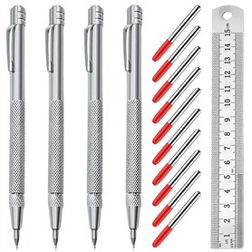 Lot de 4 stylos en carbure de tungstène - Avec 10 pointes de marquage rouges de rechange et règle en acier - Aiguille à tracer e