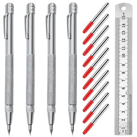 Lot de 4 stylos en carbure de tungstène - Avec 10 pointes de marquage rouges de rechange et règle en acier - Aiguille à tracer e