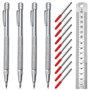 Lot de 4 stylos en carbure de tungstène - Avec 10 pointes de marquage rouges de rechange et règle en acier - Aiguille à tracer e