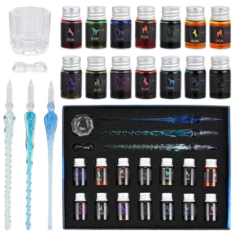 Lot de 19 stylos à plume en verre doré - Pour calligraphie - Avec stylos en verre - Encre colorée - Pour signature manuscrite -