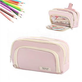 YIUWOD Trousse Triple Compartiment - Trousse Scolaire Rose - Trousse à Crayons - avec 3 Compartiments