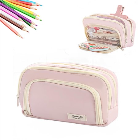 YIUWOD Trousse Triple Compartiment - Trousse Scolaire Rose - Trousse à Crayons - avec 3 Compartiments