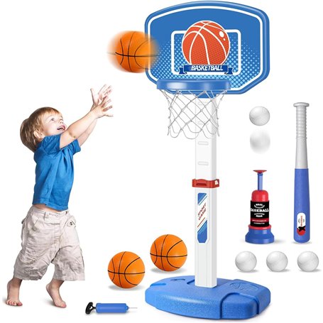 Erixazs Panier Basket Enfant & T Boule Ensemble，Panier de Basket à Hauteur Réglable pour Intérieur Extérieur，Tee Ball Set Jouets