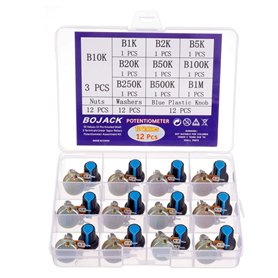 BOJACK 10 Valeurs 12 pièces B1K-B1M Arbre moleté en ohm 3 Bornes Potentiomètres rotatif à conicité linéaire (WH148) Kit de class