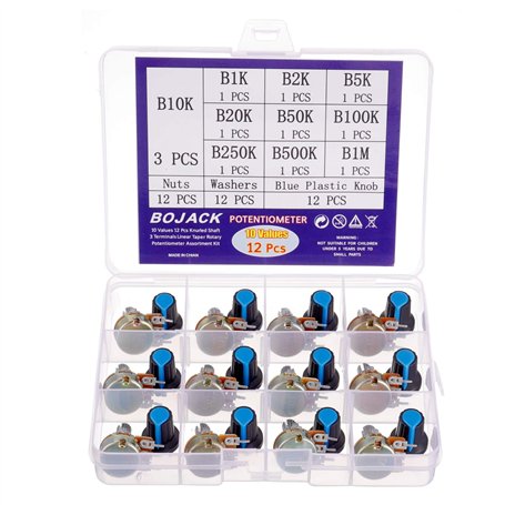 BOJACK 10 Valeurs 12 pièces B1K-B1M Arbre moleté en ohm 3 Bornes Potentiomètres rotatif à conicité linéaire (WH148) Kit de class