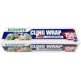 ECOOPTS Film étirable avec distributeur et cutter | Passe au micro-ondes et au congélateur | 30 cm x 150 m (le cutter coulissant