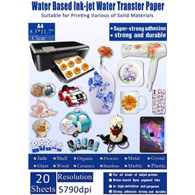 Lot de 20 feuilles de papier pour transfert à eau Imprimante jet d'encre Transparent Qualité supérieure - Format A4
