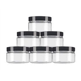Lot de 6 bocaux vides en plastique transparent à large goulot avec couvercles noirs - 250 ml - Pour maquillage