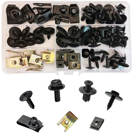 Lot de 64 vis pour automobiles et automobiles U-Clips de fixation en métal avec vis autotaraudeuses à tête hexagonale