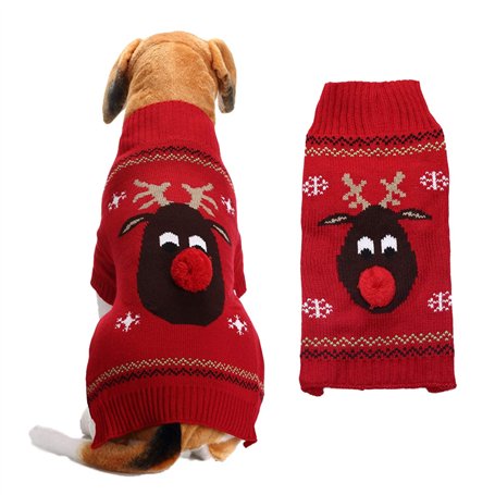 KINGBOO Pull de Noël tricoté pour animal domestique avec nez rouge et renne - Taille L