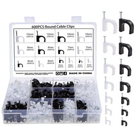 Fippy 600 pièces Clips Câble avec Clou Rond Cavalier Cable Electrique Blanc Noir Attache Cable Clou 4mm 5mm 6mm 7mm 8mm 10mm 12m
