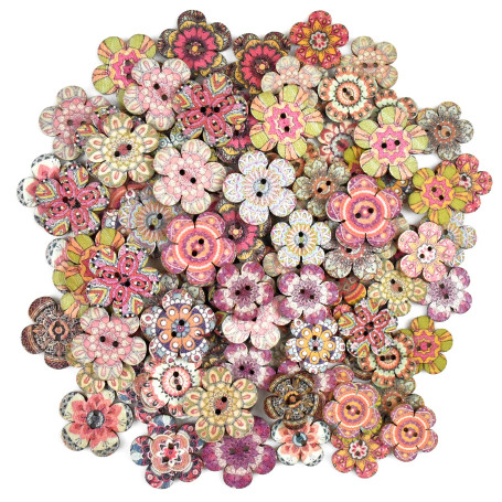 100pcs Multicolore de Bois Bouton Peinture de Fleurs Formes Boutons Rétro en Assorties Peinture de Fleurs Géométries Avec 2 trou