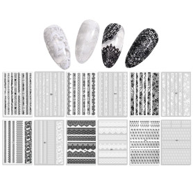 12 Feuilles Dentelle Noire et Blanche Stickers Ongles