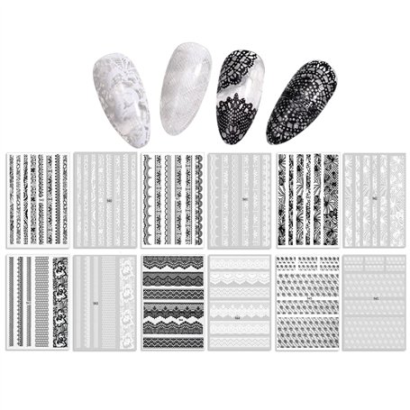 12 Feuilles Dentelle Noire et Blanche Stickers Ongles