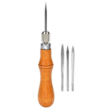 Aiguilles à Main Cuir Toile Aiguilles à Coudre avec Manche en Bois Trousse à Outils4 en 1 Aiguille Cuir Main Leather Tools Leath