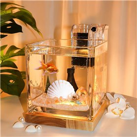 Kit aquarium de bureau de 3 litres - Petit verre pour enfants débutants - Bac à poisson Betta carré avec base en bois - Lumière