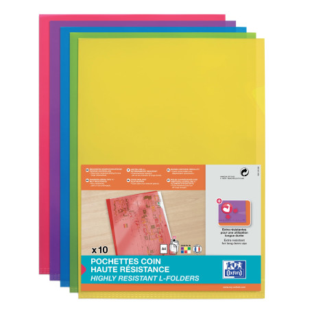 OXFORD Sachet de 10 Pochettes-Coin Haute Résistance A4 PVC Lisse Epaisseur 15/100ème Coloris Assortis