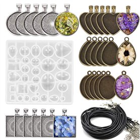 MEJOSER 31PCS Plateaux à Pendentif Moules en Silicone avec 30pcs Corde Collier 1.5mm en Résine Epoxy Métal Fabrication Bricolage