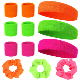 Serre Poignet Fluo Annees 80 12 Pièces Set 6 Pièces Bracelet Fluo 3 Pièces Bandeau et 3 élastiques à Cheveux Fluo Fluo Rétro Acc