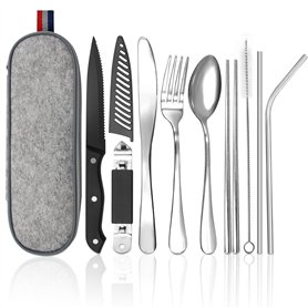 Lot de 10 couverts de camping portables en acier inoxydable 304 avec pochette à couverts