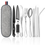 Lot de 10 couverts de camping portables en acier inoxydable 304 avec pochette à couverts