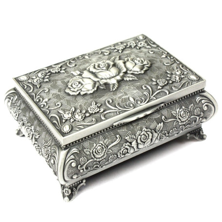 HS Boîte à Bijoux Ancienne Argent - Boite Vintage en Métal Style Floral pour Colliers & Bagues - Coffret de Rangement a Bijoux D
