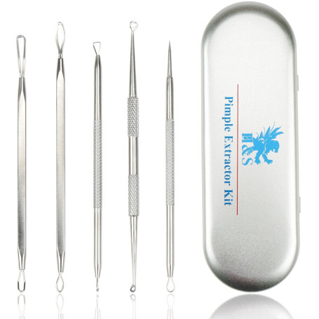 H&S Kit Extracteur Point Noir & Comedon - Tire Points Noirs & Comedons en Acier Inoxydable & Outil Nettoyage Bouton - Accessoire