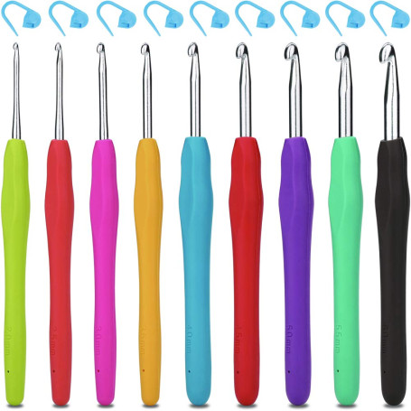 H&S Set Crochet Tricot - 9pcs - Kit Crochets en avec Poignée Douce en Caoutchouc - 12 Marquages de Points de Verrouillage - Aigu