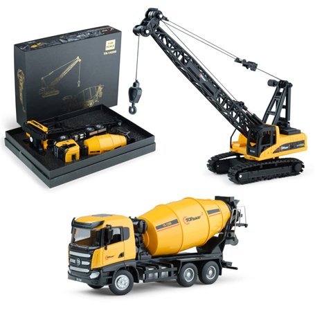 Top Race Modèles de Camions de Construction en Métal Moulé - Camion de Ciment et Grue Lourde - Jouets à l'Échelle 1:50 - Lot de