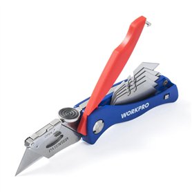 WORKPRO Cutter Professionnel Pliant Utilitaire Mécanisme de Changement Rapide Couteau de Poche avec 5 SK5 Lames Trapèzes Supplém