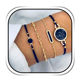 Edary Lot de 4 bracelets bohèmes superposés en cristal noir avec perles dorées et chaîne de main empilables faits à la main pour