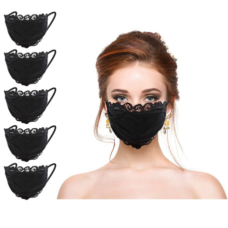 Geduochn Lot de 5 masques noirs en dentelle avec broderie florale avec boucles d'oreilles réglables et respirantes 2 couches pou