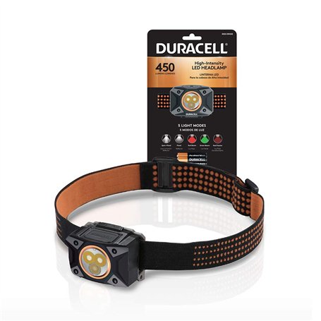 Duracell Lampe frontale à LED multifonction 450 lumens avec 5 modes et 3 piles AAA incluses Idéal pour une utilisation en intéri