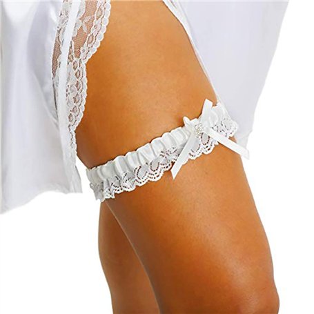 Carufin Bridal Wedding White Lace Porte-jarretelles avec nœud Strass Jambe Manches élastiques Jambe Bague Prom Dance Cosplay Par