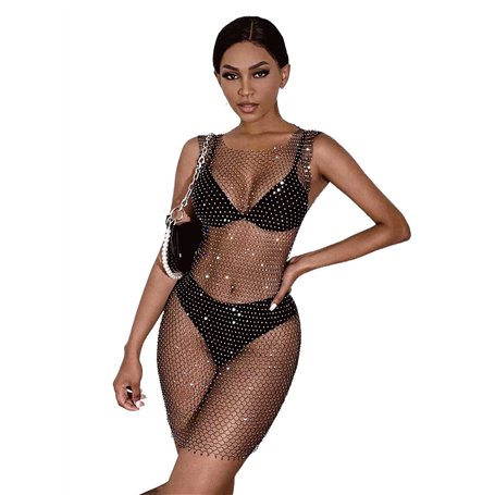 Formery Maillot de bain sexy en maille avec strass transparents pour la plage