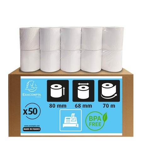 Exacompta - Réf. 44819E - Carton de 50 bobines pour tickets de caisse - largeur 80 mm x diamètre 68 mm - mandrin 12 mm - 1 pli t
