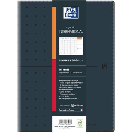 OXFORD - 1 Agenda Semainier Spirales International - Durée 16 mois - Août 2025 à Décembre 2026 - Format 16 x 24 cm