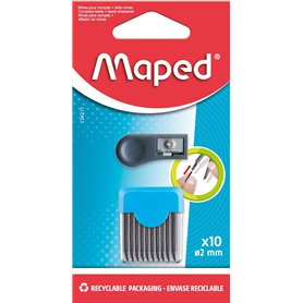Maped - Étui Rigide de 10 Mines de Rechange 2 mm + 1 taille mines pour Recharge Compas Scolaire - Mine + taille mines Compas Map