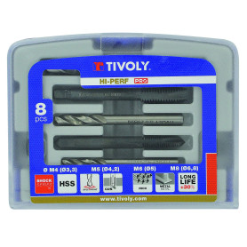 Coffret Tivoly 4 Tarauds Machines Gun Din 352 HSS M4 à M10 + 4 Forets métaux HSS