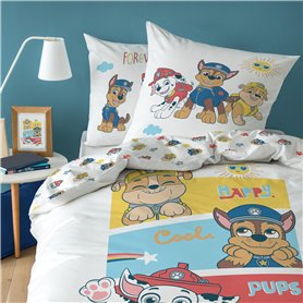 Pat Patrouille Happy Parure de lit Enfant 1 Place | 100% Coton | Oeko-TEX | Housse de Couette 140x200 cm + Taie d'oreiller 63x63