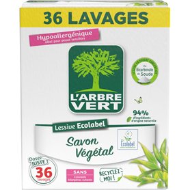 L'Arbre Vert Lessive Poudre Savon Végétal - ECOLABEL - Hypoallergénique - 36 Lavages - 94% d'ingrédients d'origine naturelle - 1