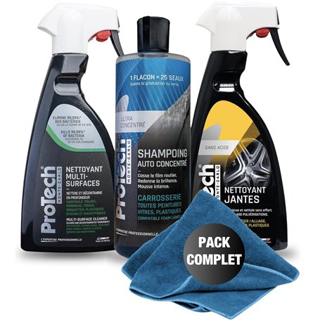 ProTechMC | Kit Nettoyant Voiture Interieur et Extérieur | Nettoyant Multi-Surfaces | Shampoing Carrosserie | Nettoyant Jantes |