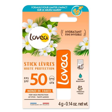LOVEA - Stick Lèvres Solaire FPS 50 - Haute Protection UVA/UVB - Hydratant - Fini Invisible - Monoï De Tahiti - Protection Imméd