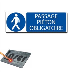 Plaque gravée autocollante 30x10cm "Passage pieton obligatoire" fond bleu