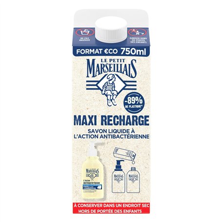 Le Petit Marseillais | Maxi Recharge Savon Liquide à l'Action Antibactérienne (brique de 750 ml) – Recharge savon liquide pour f