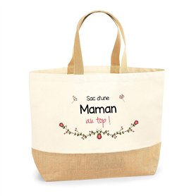 Sac Maman au top | Cabas de Plage Courses Coton et Toile de Jute Idée Cadeau Femme