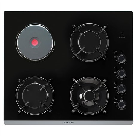 Brandt - BPG6413BM - Plaque Gaz et Electrique - Table de Cuisson - Noir - 4 Foyers - 1500W Electrique et 6200 Gaz - Encastrement