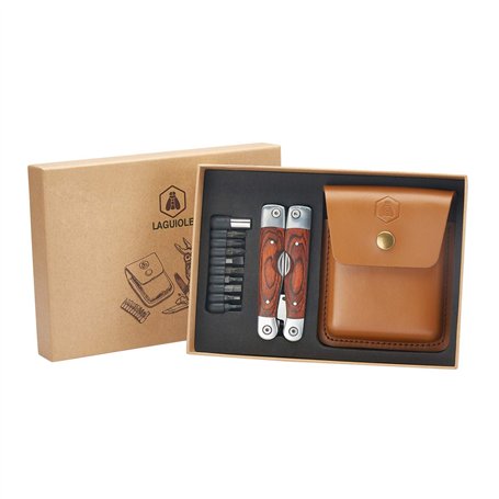 LAGUIOLE - Laguiole 40268486 Pince Multifonctions (8 Fonctions) en Acier Inoxydable avec Manche en Bois de Pakka et Etui en Cuir